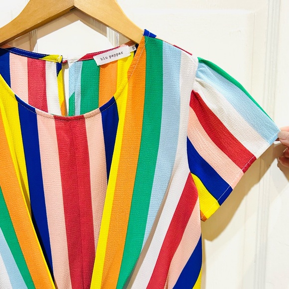 Blu Pepper Rainbow Striped Tie-Front Peplum Top Size S - Picture 2 of 4